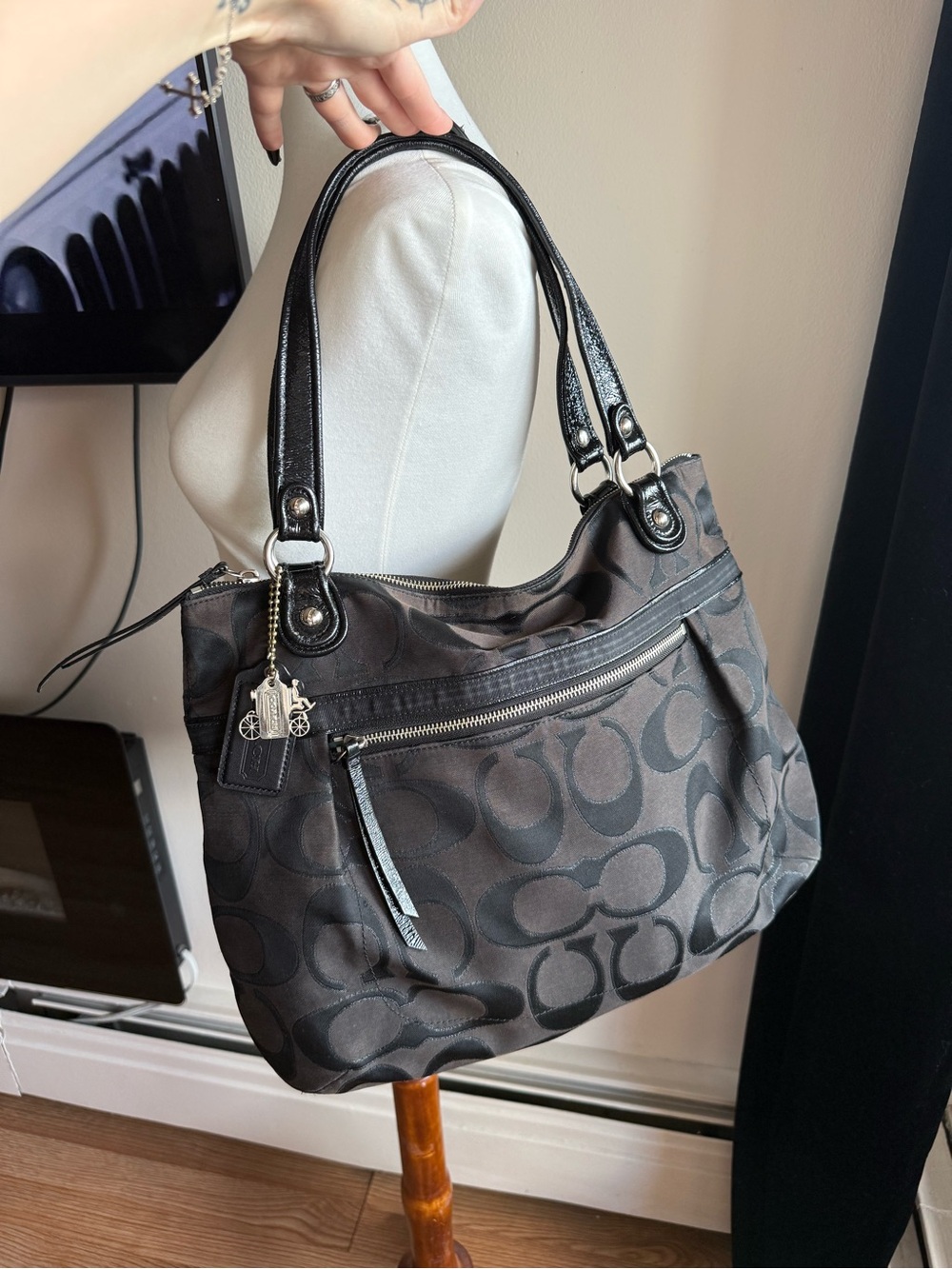 Coach Black Signature Jacquard Shoulder Bag with Silver Charm